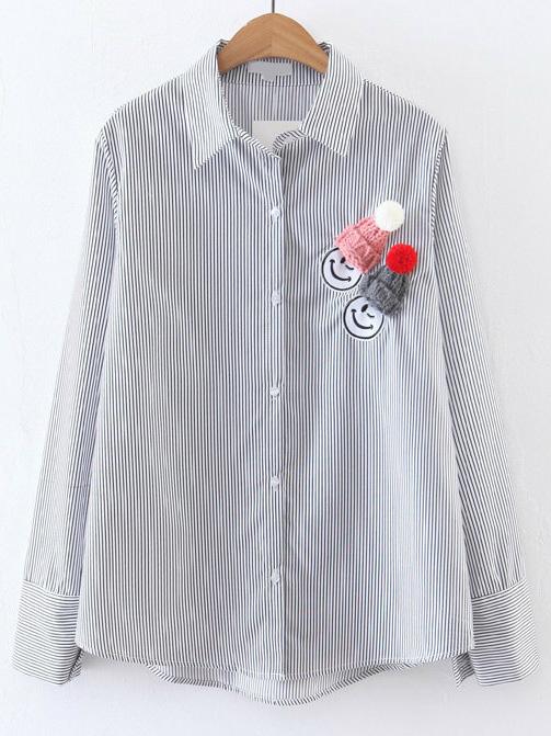 Romwe Black Vertical Striped Embroidery Blouse With Hat Detail