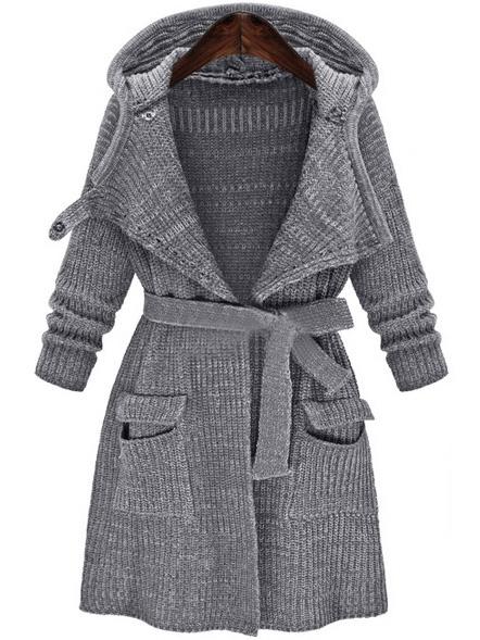 Romwe Hooded Pockets Belt Long Grey Coat