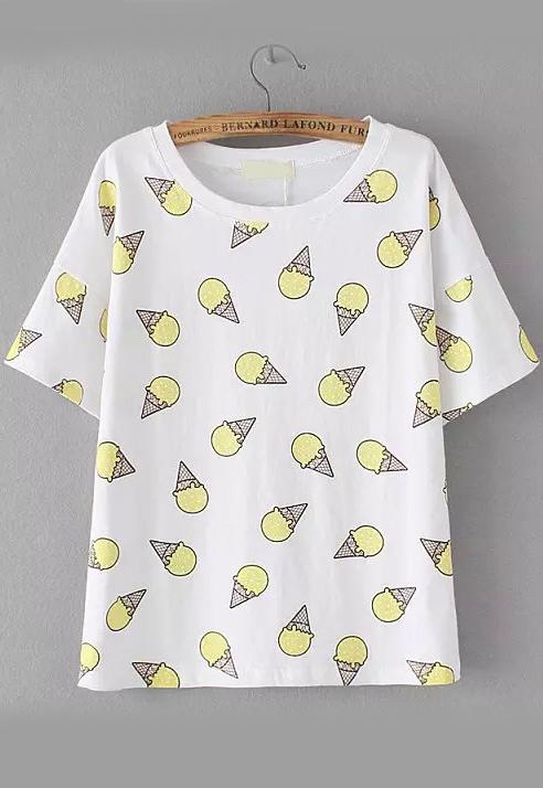 Romwe Ice Cream Print Yellow T-shirt