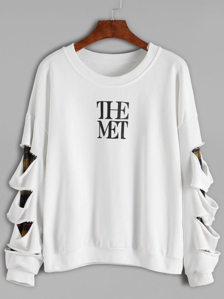 Romwe Letter Print Cut Out Sleeve Contrast Lining Sweatshirt