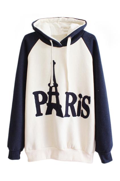 Romwe Drawstring Paris Print Hoodie Color Block Sweatshirt