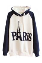 Romwe Drawstring Paris Print Hoodie Color Block Sweatshirt