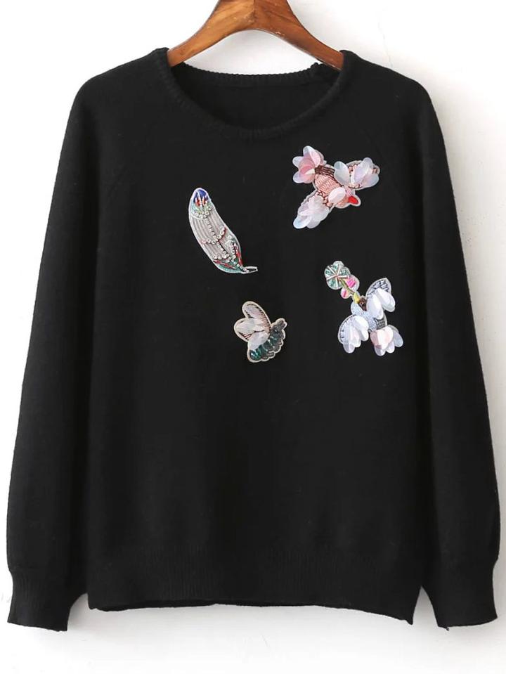 Romwe Black Embroidery Raglan Sleeve Sweater With Sequin