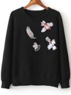 Romwe Black Embroidery Raglan Sleeve Sweater With Sequin