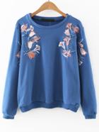 Romwe Blue Flower Embroidered Sweatshirt