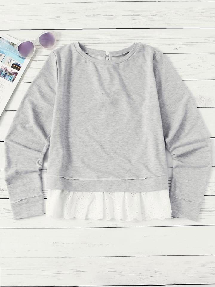 Romwe Eyelet Embroidered Ruffle Hem Tied Back Sweatshirt