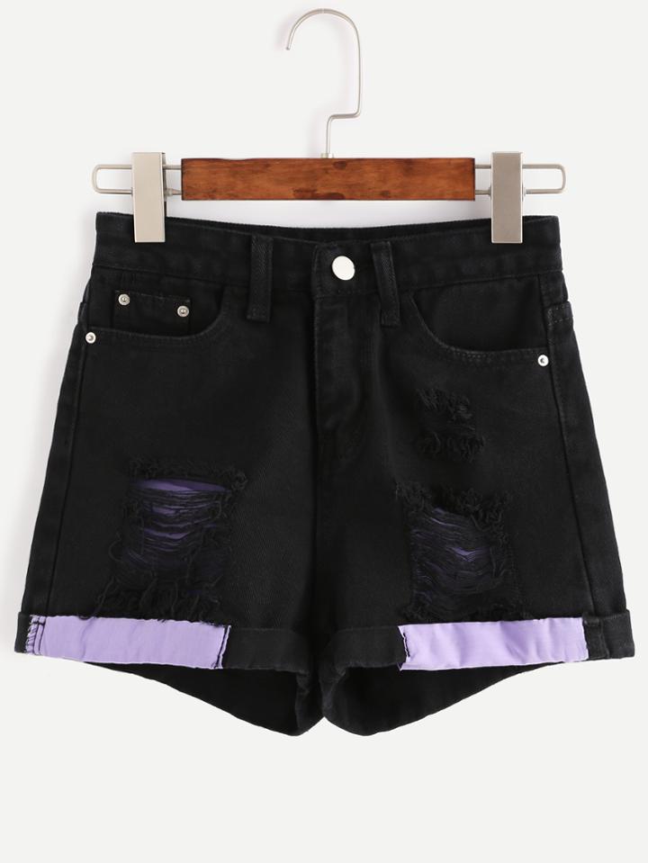 Romwe Black Ripped Roll Hem Denim Shorts With Contrast Lining