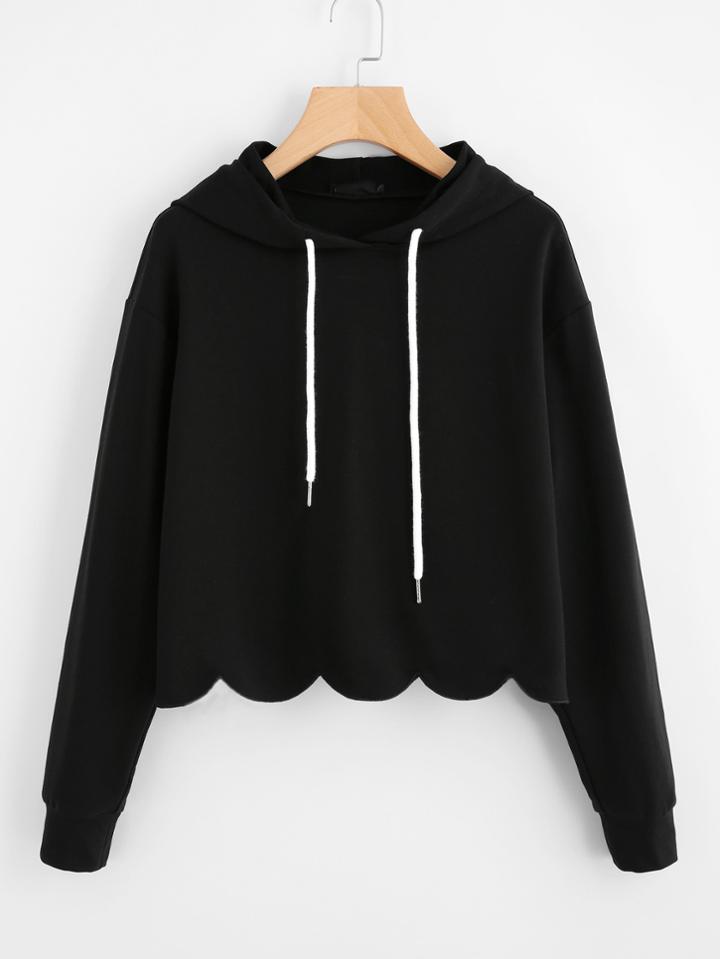 Romwe Drop Shoulder Scallop Hem Hoodie