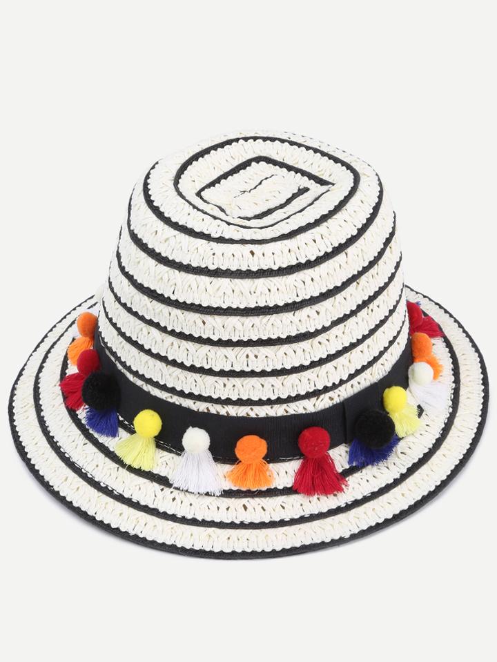 Romwe Black And White Pom Pom Trim Straw Hat