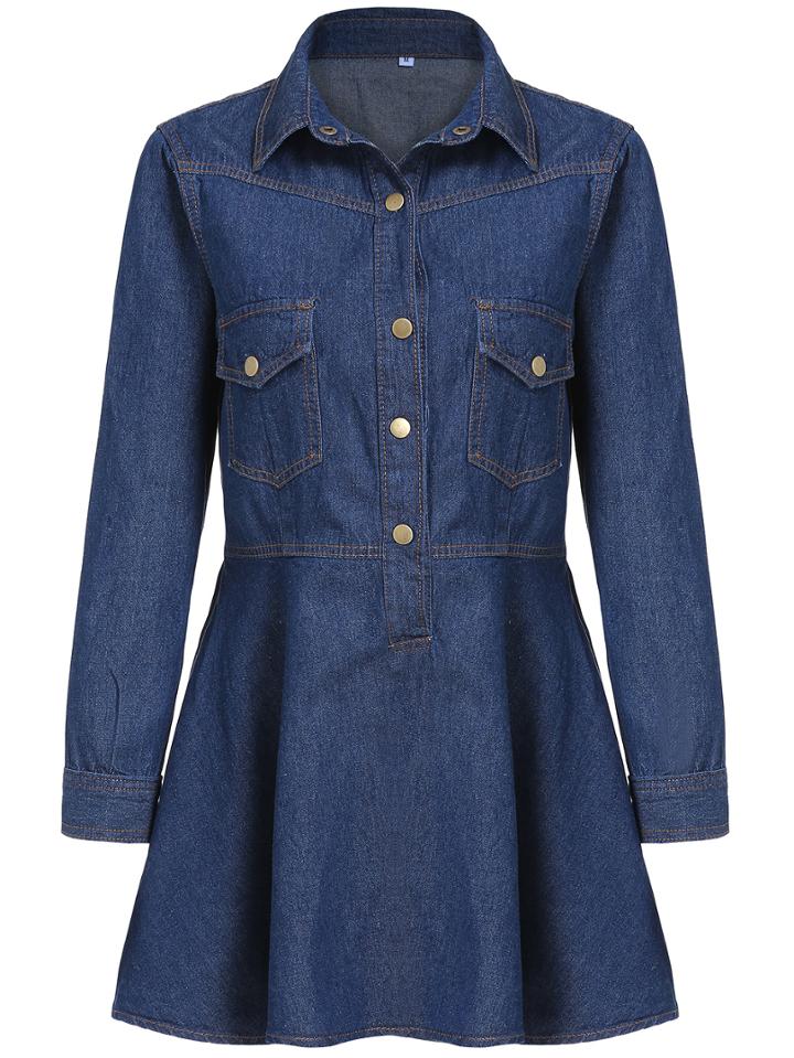 Romwe Lapel Denim A-line Shirt Dress With Pockets