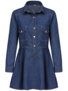 Romwe Lapel Denim A-line Shirt Dress With Pockets