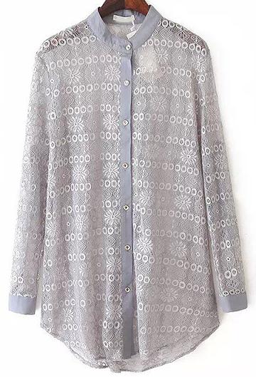 Romwe Grey Stand Collar Sheer Dip Hem Lace Blouse