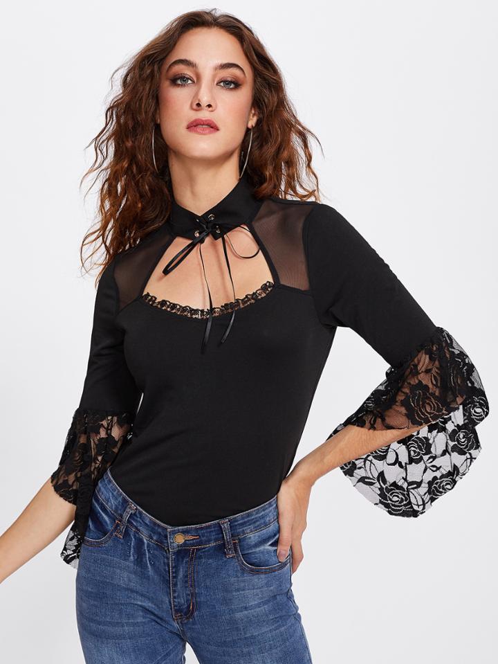 Romwe Lace Up Choker Neck Lace Trim Tee