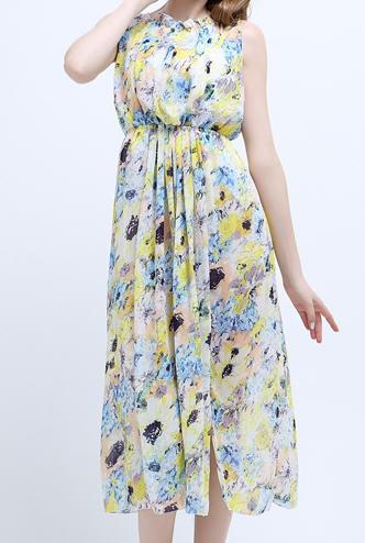 Romwe Sleeveless Open Back Split Florals Chiffon Yellow Dress