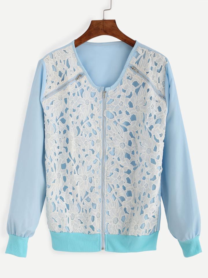 Romwe Blue Embroidered Lace Applique Bomber Jacket