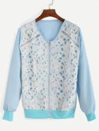 Romwe Blue Embroidered Lace Applique Bomber Jacket