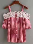 Romwe Red Checkerboard Lace Cold Shoulder Blouse