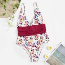 Romwe Random Floral Ruched Low Back One Piece Swimsuit