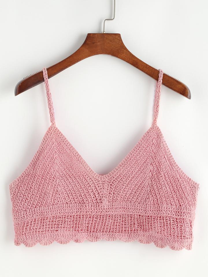 Romwe Pink Crochet Crop Cami Top