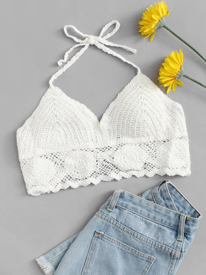 Romwe Lace Cut Out Halter Top