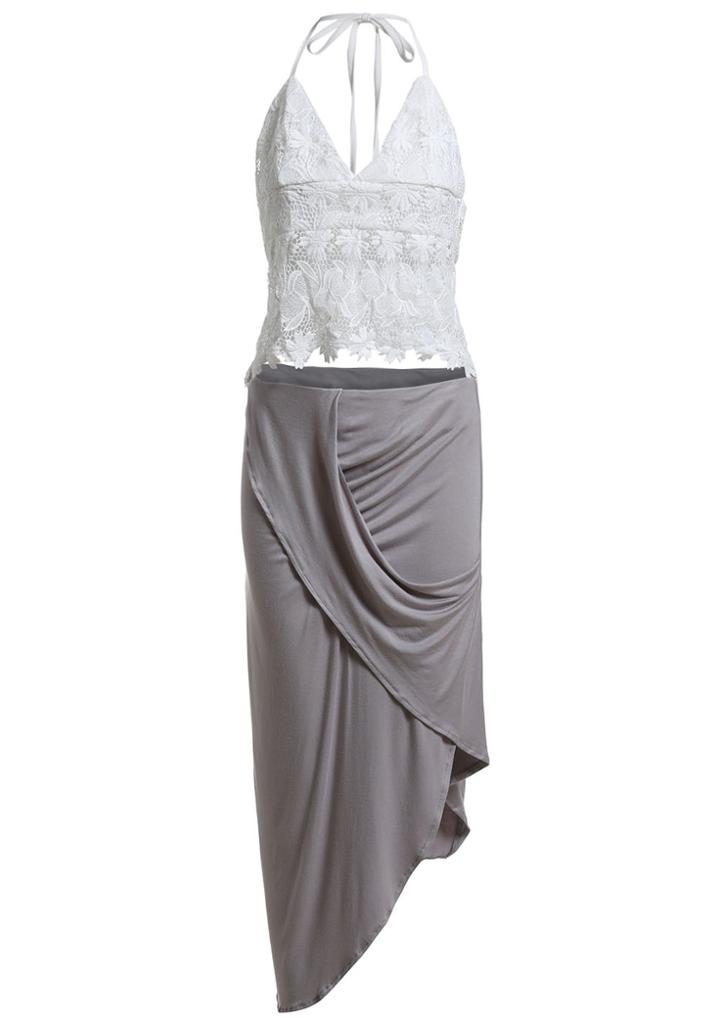 Romwe Halter Lace Embroidered Top With Asymmetrical Skirt