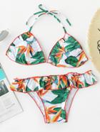 Romwe Jungle Print Ruffle Bikini Set With Choker