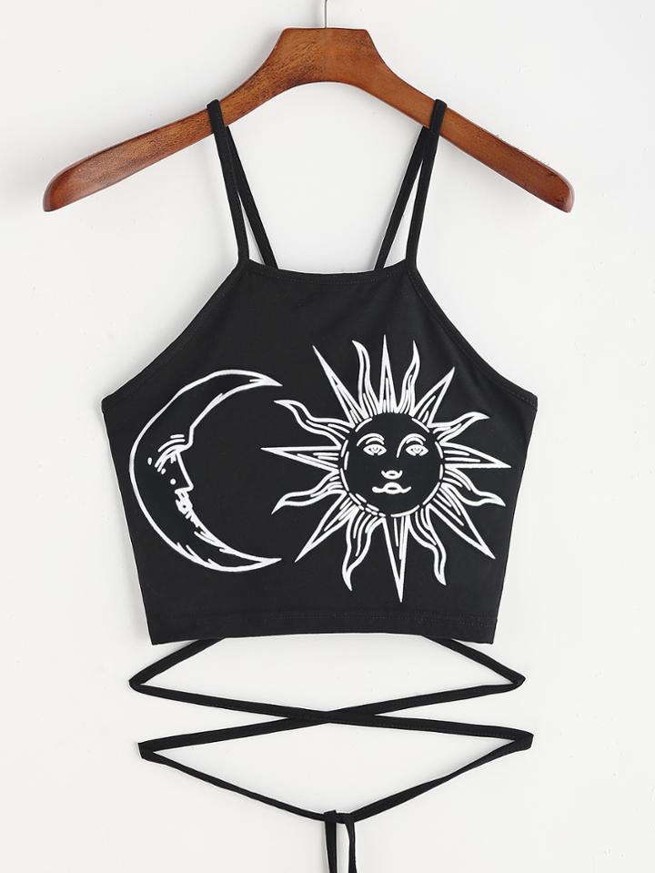 Romwe Moon And Sun Print Lace Up Back Cami Top