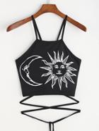 Romwe Moon And Sun Print Lace Up Back Cami Top