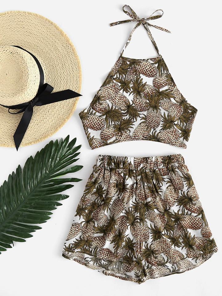 Romwe Pineapple Print Bow Tie Open Back Halter Top With Shorts