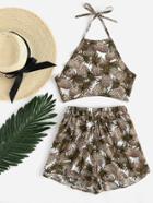 Romwe Pineapple Print Bow Tie Open Back Halter Top With Shorts
