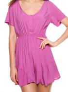Romwe Buttoned Front Elastic Waist Ruffled Romper - Purple