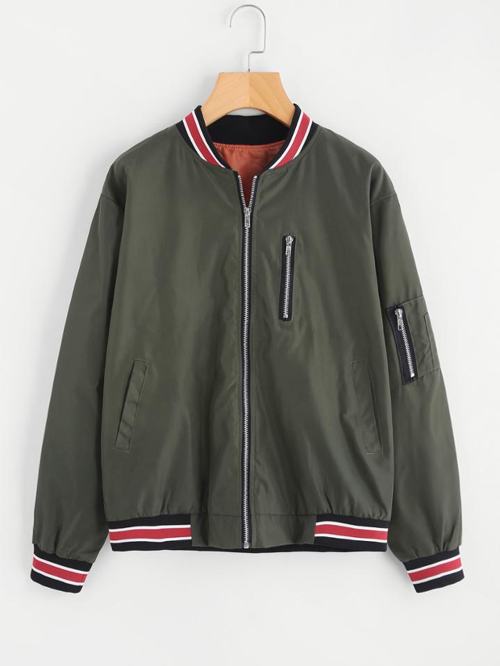 Romwe Contrast Striped Trim Zip Detail Back Jacket