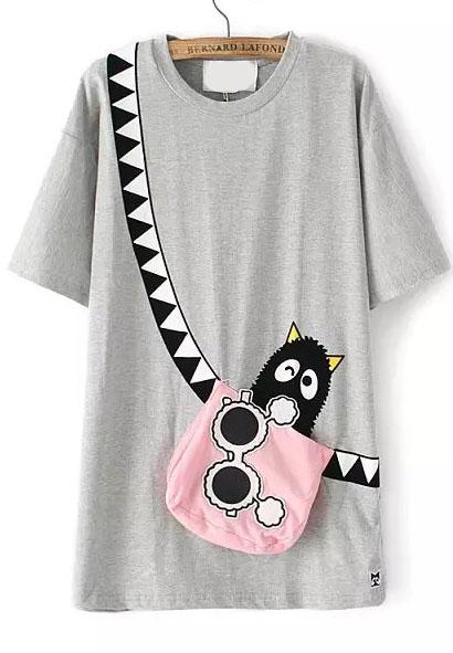 Romwe With Pocket Cartoon Print Grey T-shirt