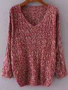 Romwe Red V Neck Loose Textured Sweater