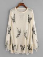 Romwe Butterfly Print Ripped Knit Sweater