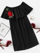 Romwe Flounce Layered Neckline Rose Patch Dress