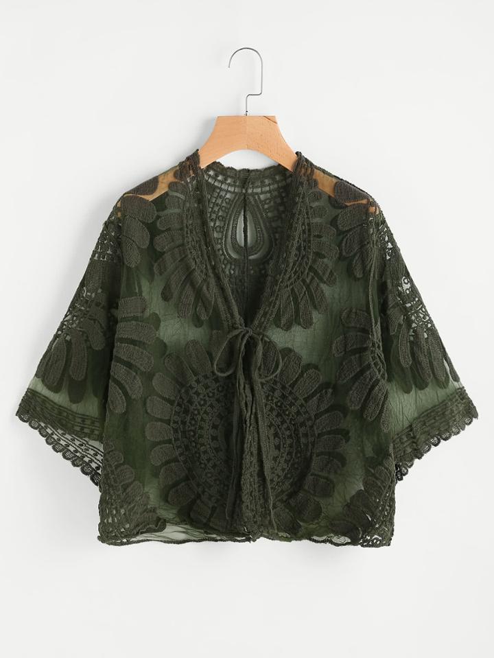 Romwe Embroidered Sheer Mesh Tie Front Top