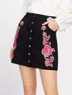 Romwe Buttoned Up Symmetric Flower Embroidery Skirt
