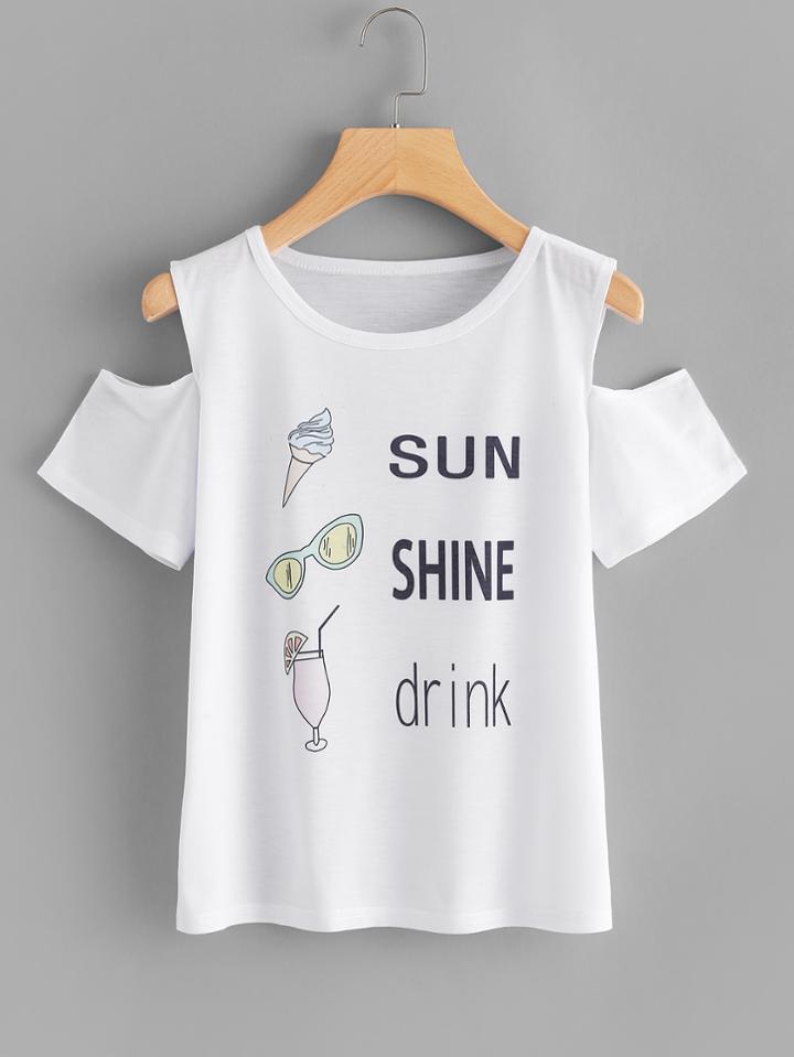 Romwe Graphic Print Open Shoulder Tee