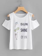 Romwe Graphic Print Open Shoulder Tee