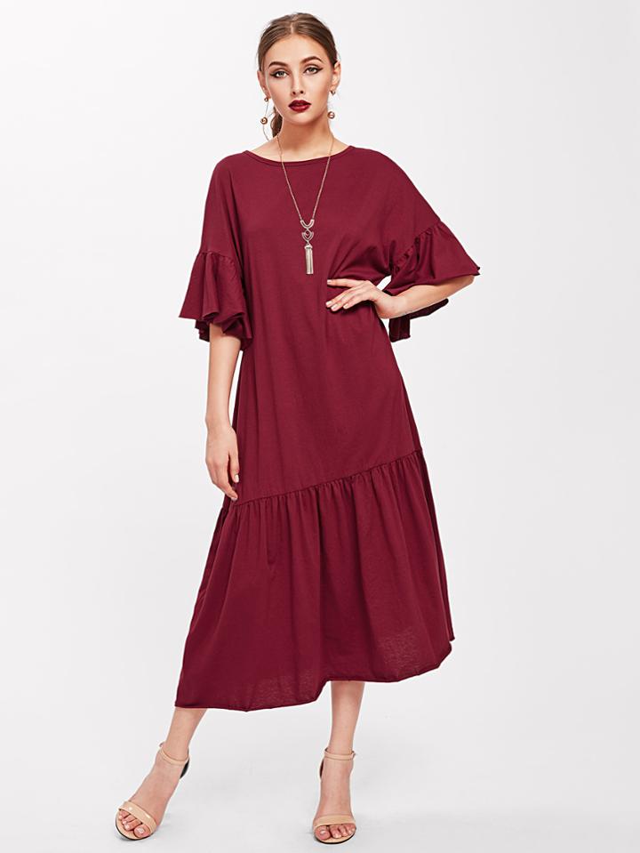 Romwe Trumpet Sleeve Tiered Hem Dress