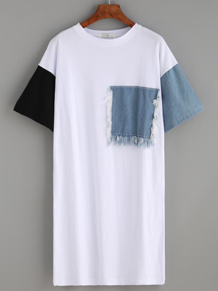Romwe White Contrast Sleeve Denim Pocket Dress