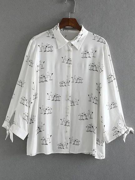 Romwe White Lapel Swan Printed Bow Blouse