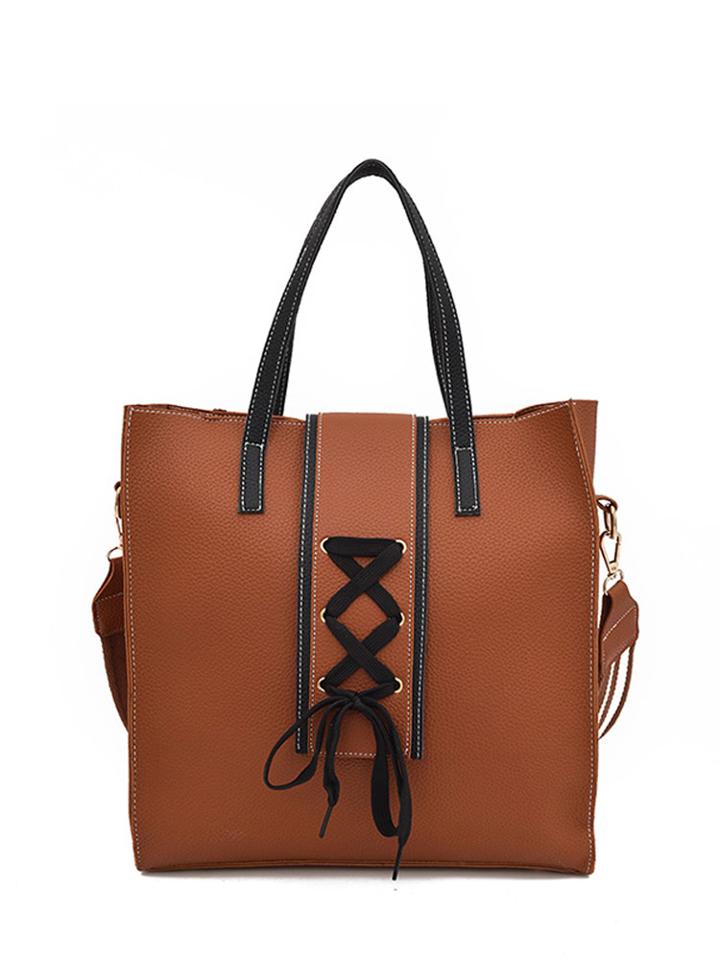 Romwe Lace Up Satchel Bag With Striped Strap