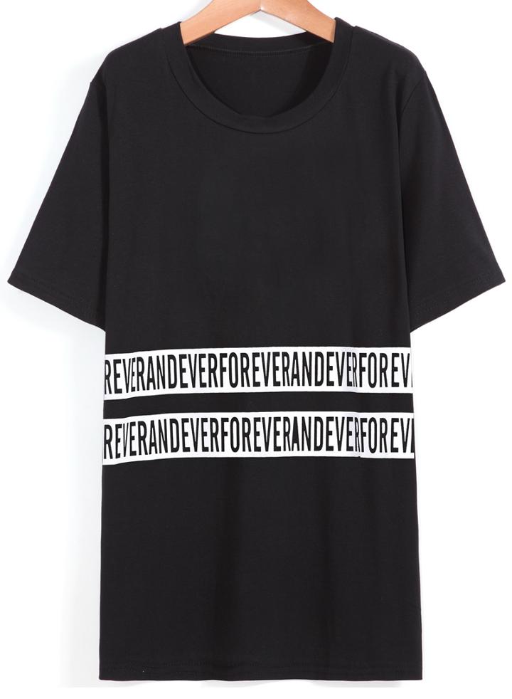 Romwe Forever Print Loose Black T-shirt