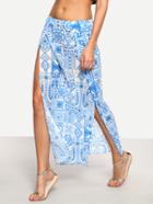 Romwe Tribal Print High-slit Skirt - Blue