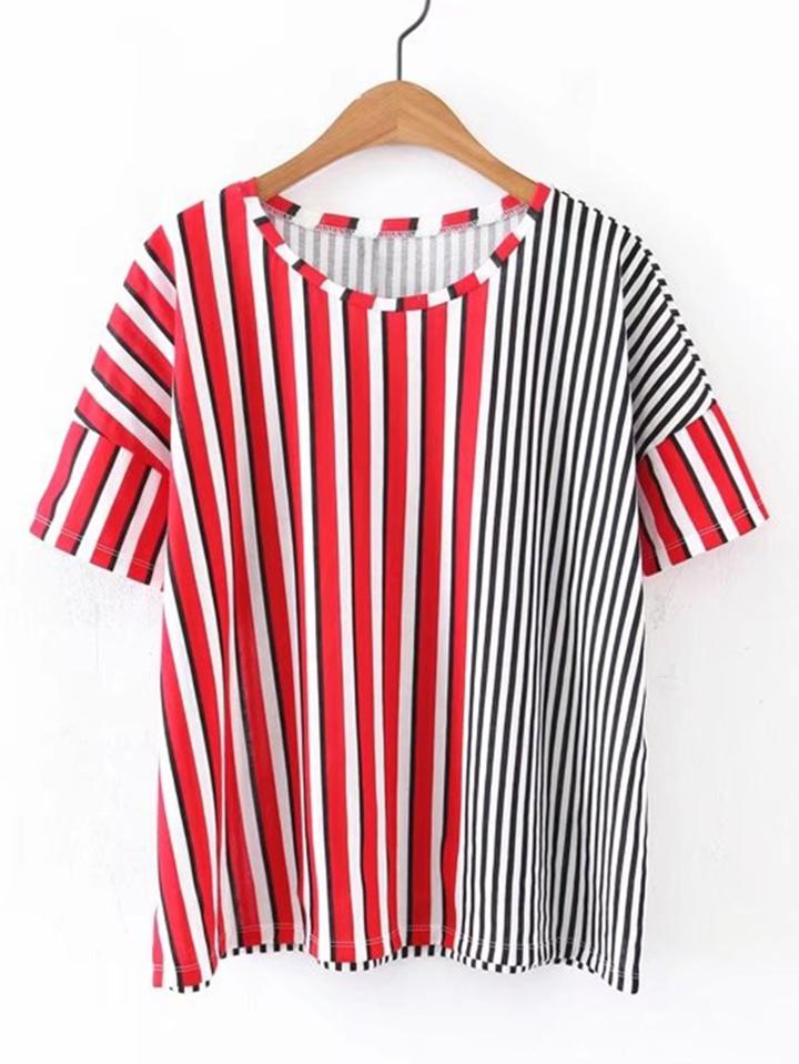Romwe Contrast Vertical Striped Tee