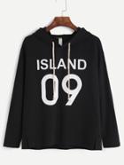 Romwe Black Letter Print Slit Side Hooded T-shirt