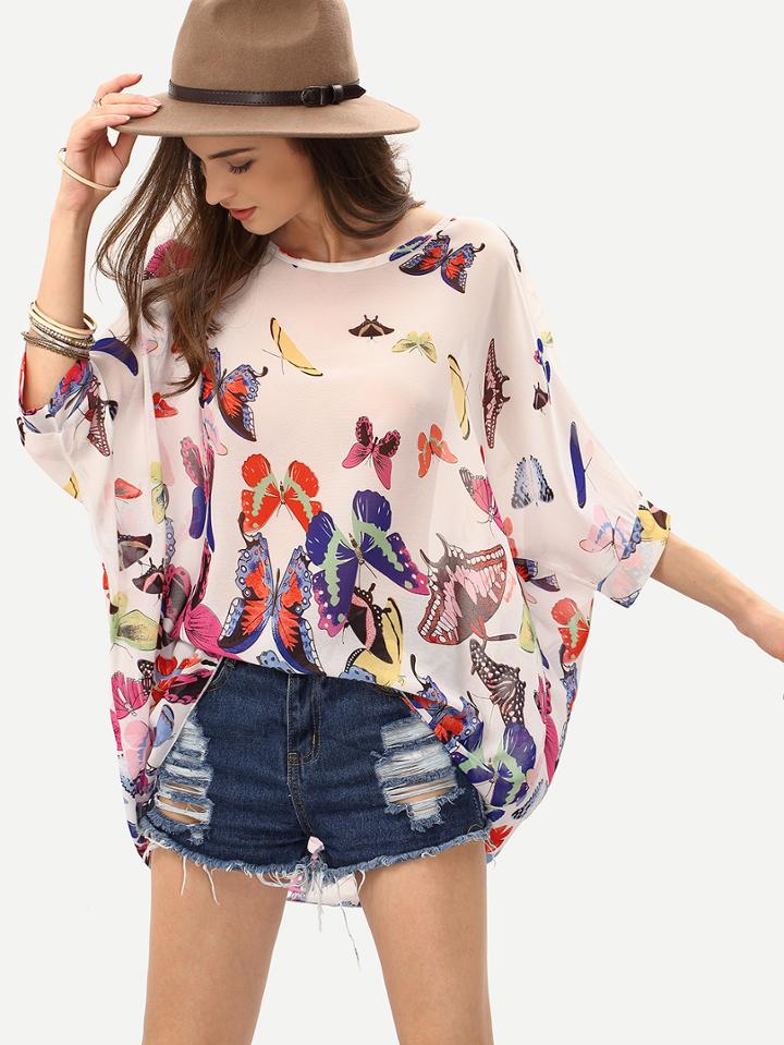 Romwe Butterfly Print Chiffon Poncho Blouse