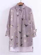 Romwe Bird Print Dip Hem Striped Shirt Dress